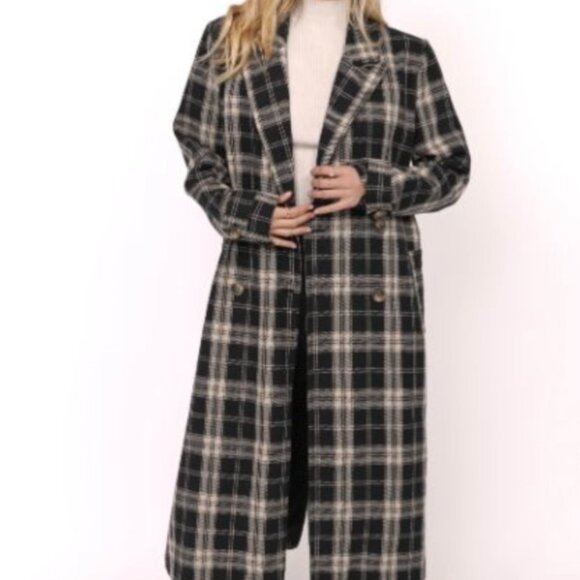 Sadie & Sage plaid long coat black and cream - Picture 1 of 1